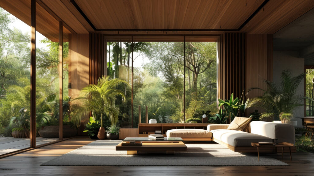 Sala de estar de residência de alto padrão com biofilia e iluminação natural