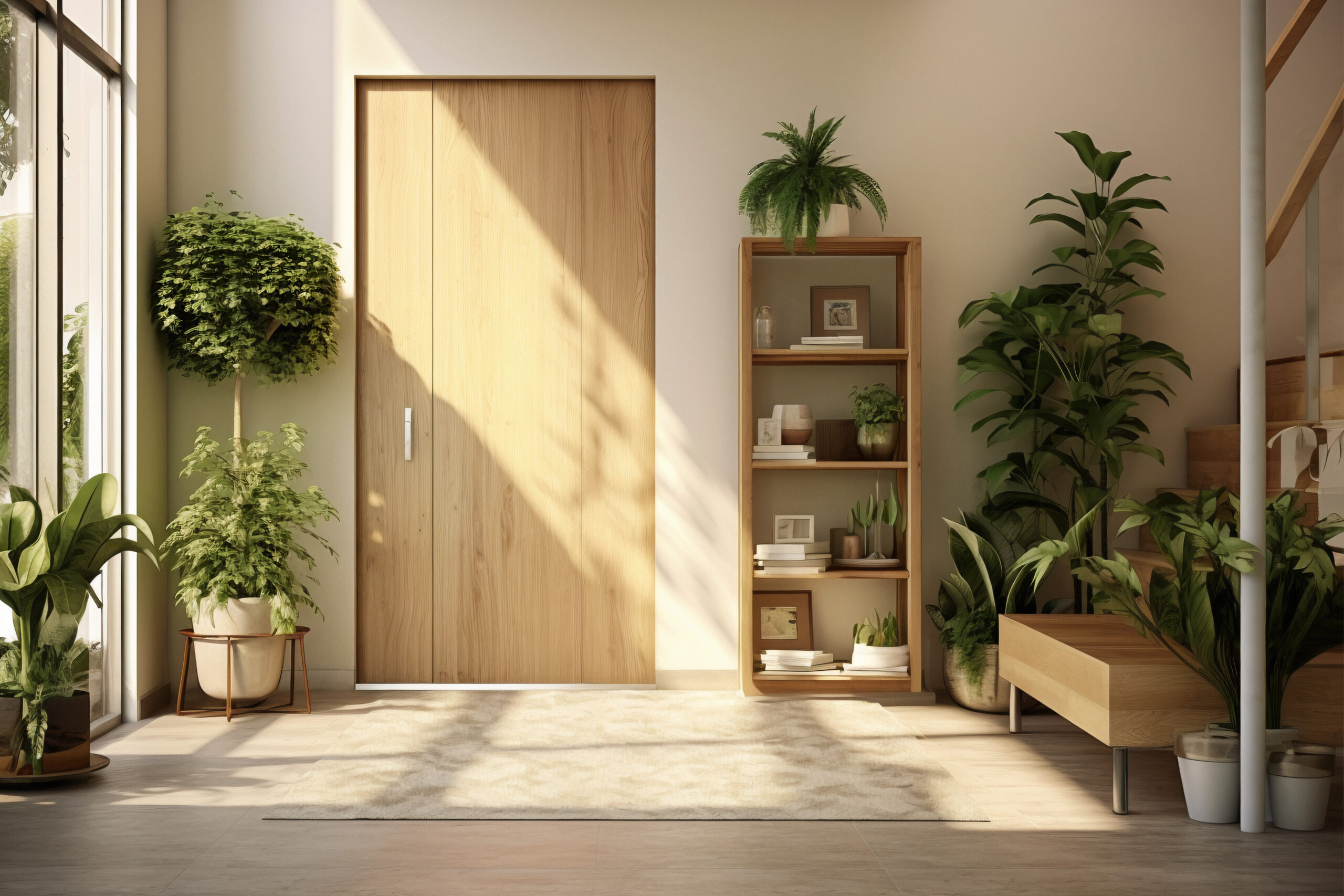 A luz solar natural inunda este espaço de entrada residencial moderno, criando um ambiente calmo e acolhedor. Piso de madeira clara e uma grande porta de correr de madeira dão o tom, enquanto uma abundância de plantas verdes em vasos de vários tamanhos (ficus lyratas, monstera, samambaias) está organicamente disposta para trazer a natureza para dentro. Uma estante aberta de madeira exibe livros e arte, e um tapete texturizado define a área. Um banco de madeira com vasos ao lado da escada completa a cena. 