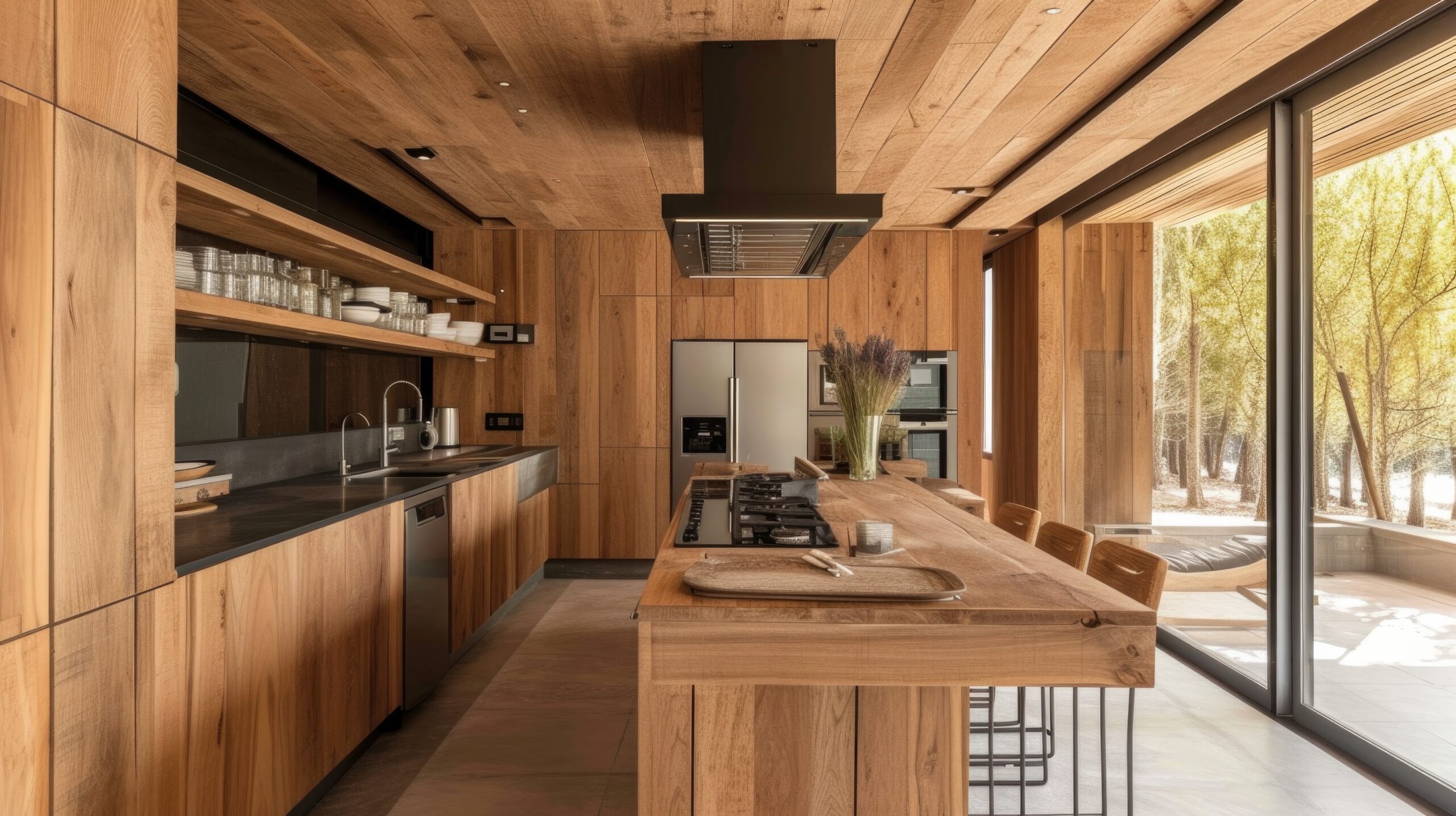 Cozinha moderna de alto padrão com revestimento em madeira e integração à natureza. Inspire-se com as tendências de 2026 para projetos de bem-estar.